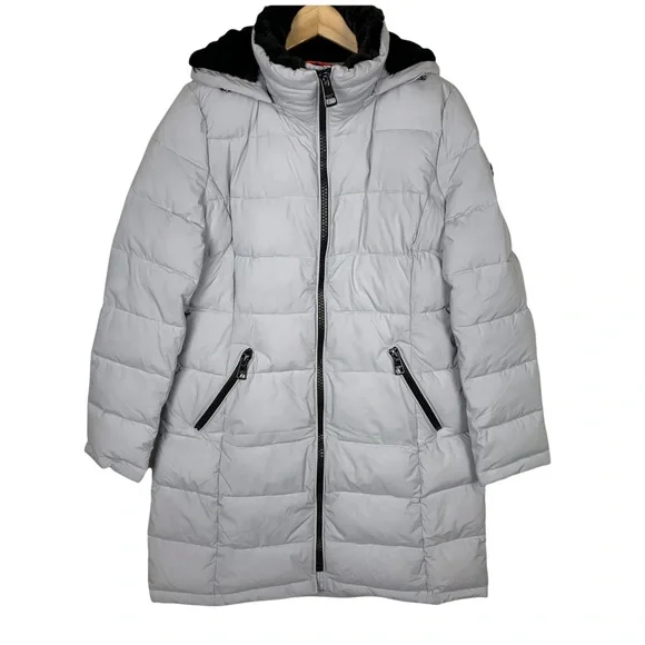 Andrew Marc Light Grey Quilted Hooded Lined Long Stretch Winter Jacket Medium - Picture 7 of 7